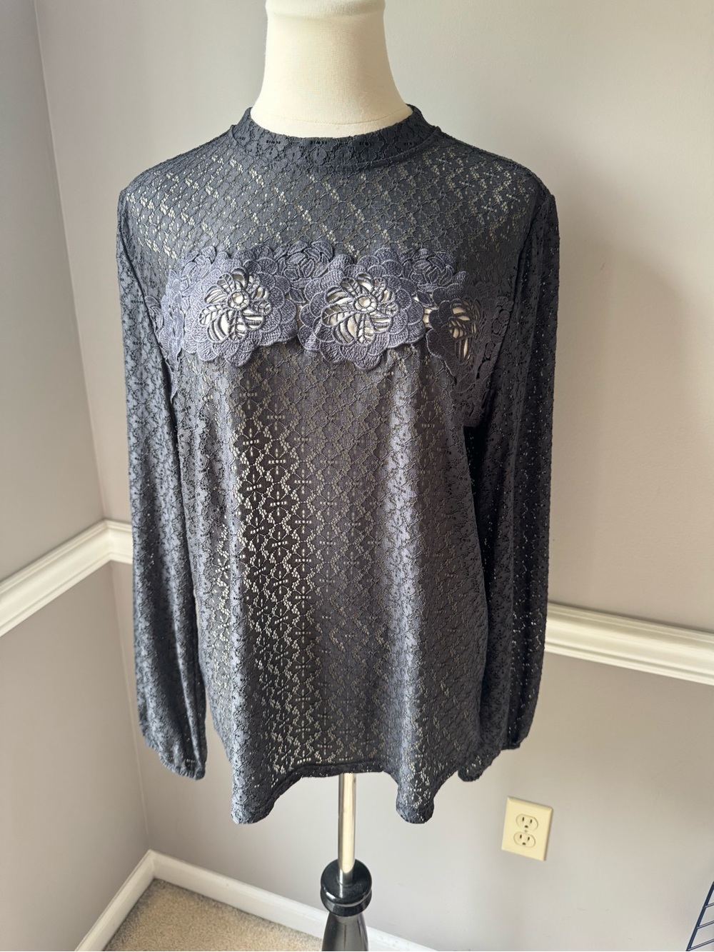 LOFT Black Lace Long-Sleeve Top with Floral Appliqué